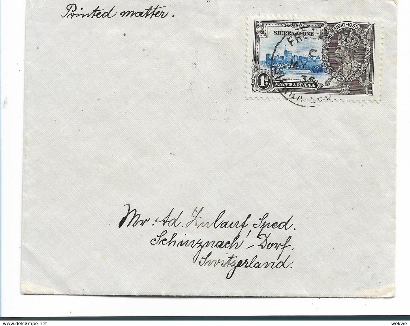 Sie016 / SIERRA LEONE - KG V Jubilee 1935per Drucksache In Die Schweiz (Schinznach) - Sierra Leone (...-1960)