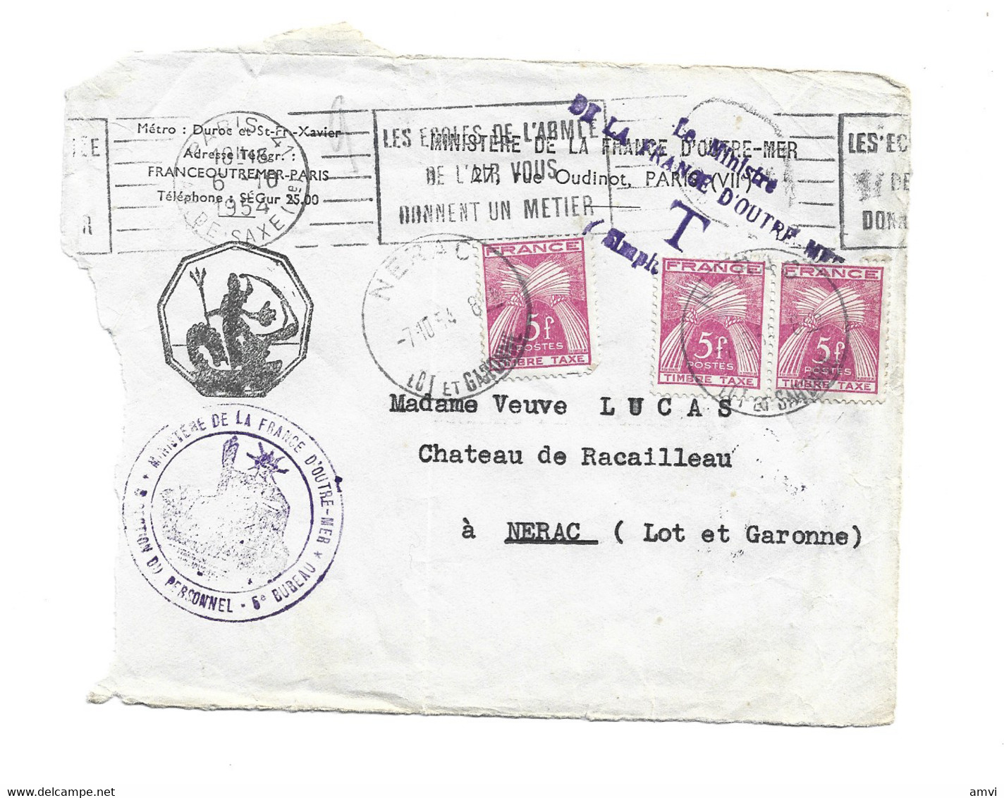 ( 4579) 1854 Devant De Lettre Etat - Cachet Ministre De La France D'outre Mer Taxe Yvert 85 X 3 - 1960-.... Covers & Documents