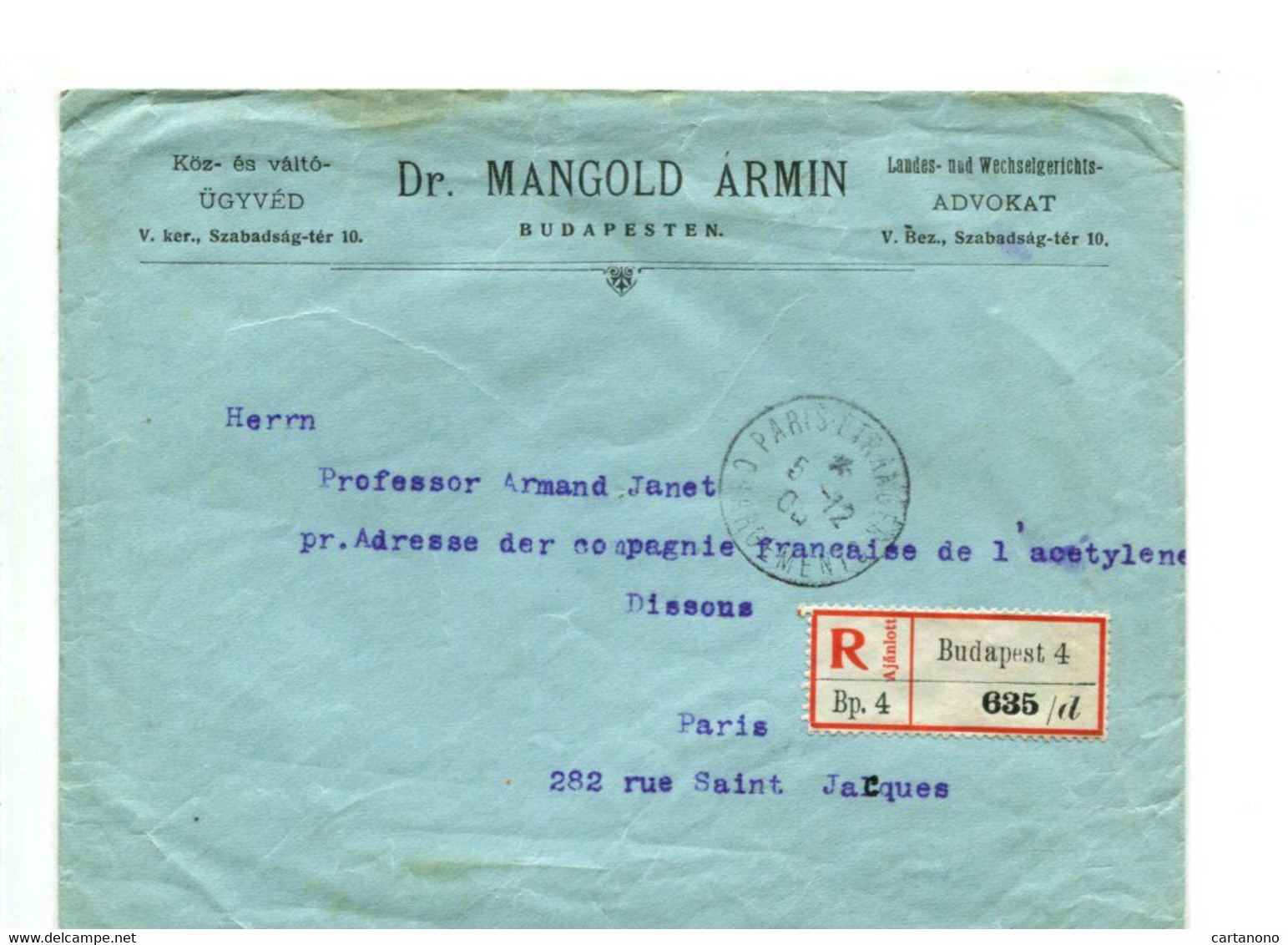 HONGRIE 1906 - Affr. Sur Lettre Recommandée Pour La France Entête Dr MANGOLD ARMIN (Avocat) - Postmark Collection