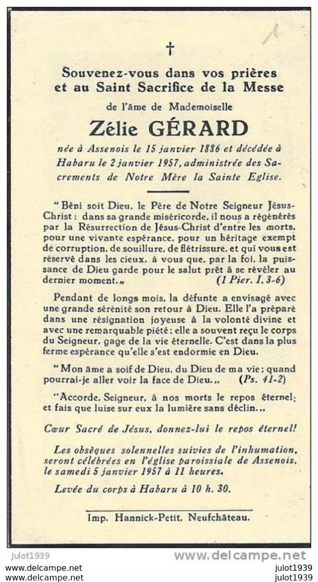 ASSENOIS , 1886 . HABARU , LEGLISE , 1957 . Mademoiselle Zélie GERARD . - Leglise