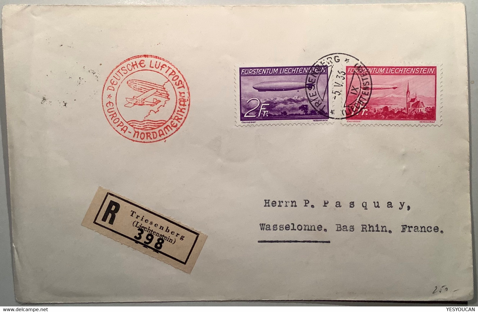 1936 Zeppelin 2Fr ABART Mi 150 I PLATTENFEHLER Brief TRIESENBERG>Wasselonne Bas-Rhin(Liechtenstein Lettre Cover - Cartas & Documentos