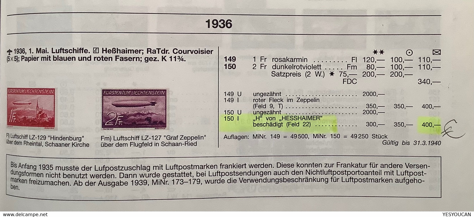 1936 Zeppelin 2Fr ABART Mi 150 I PLATTENFEHLER Brief TRIESENBERG>Wasselonne Bas-Rhin(Liechtenstein Lettre Cover - Lettres & Documents