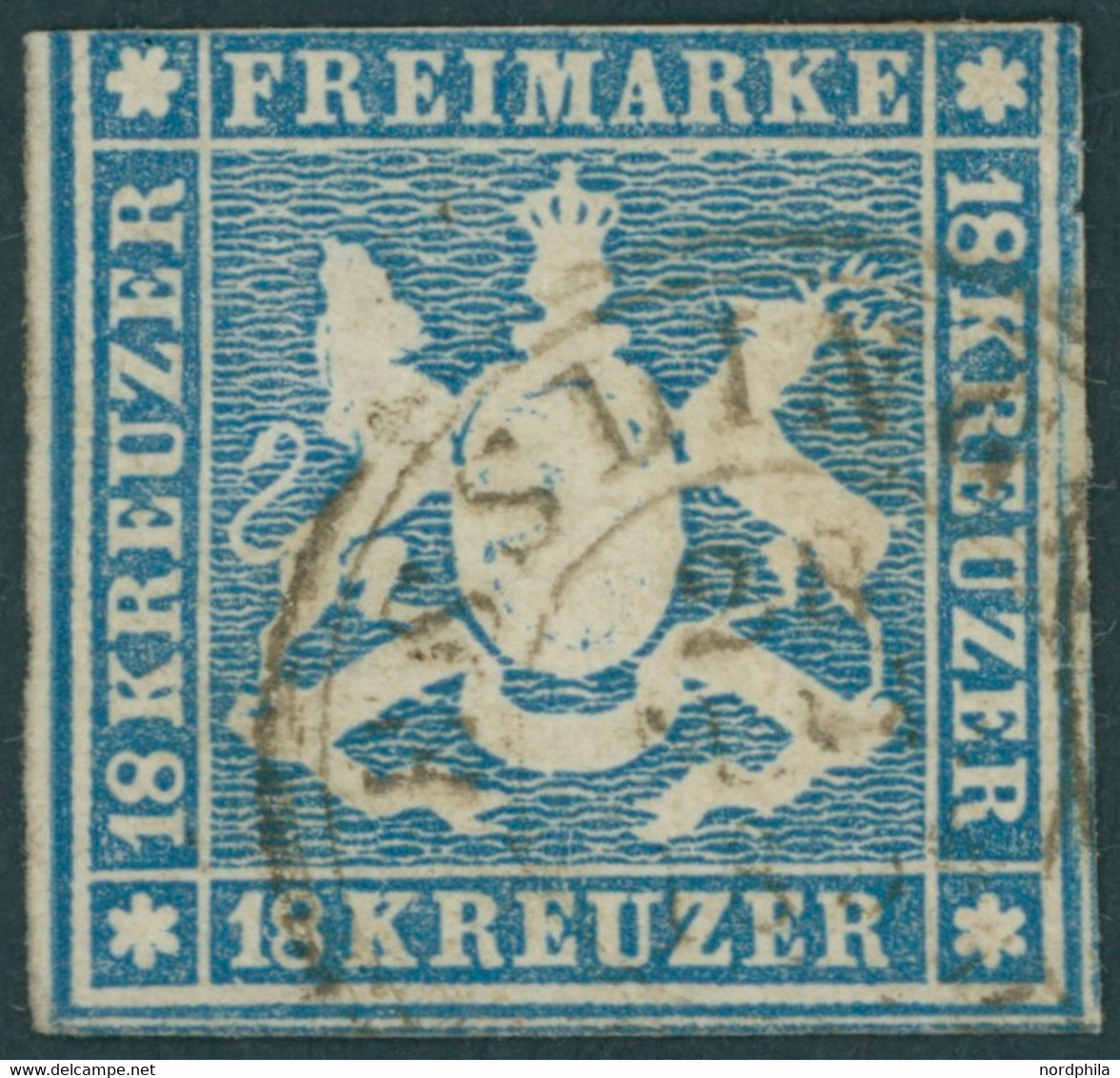 WÜRTTEMBERG 10a O, 1857, 18 Kr. Hellblau, Oben Berührt Sonst Voll-breitrandig, Obere Rechte Ecke Etwas Hell Sonst Pracht - Other & Unclassified