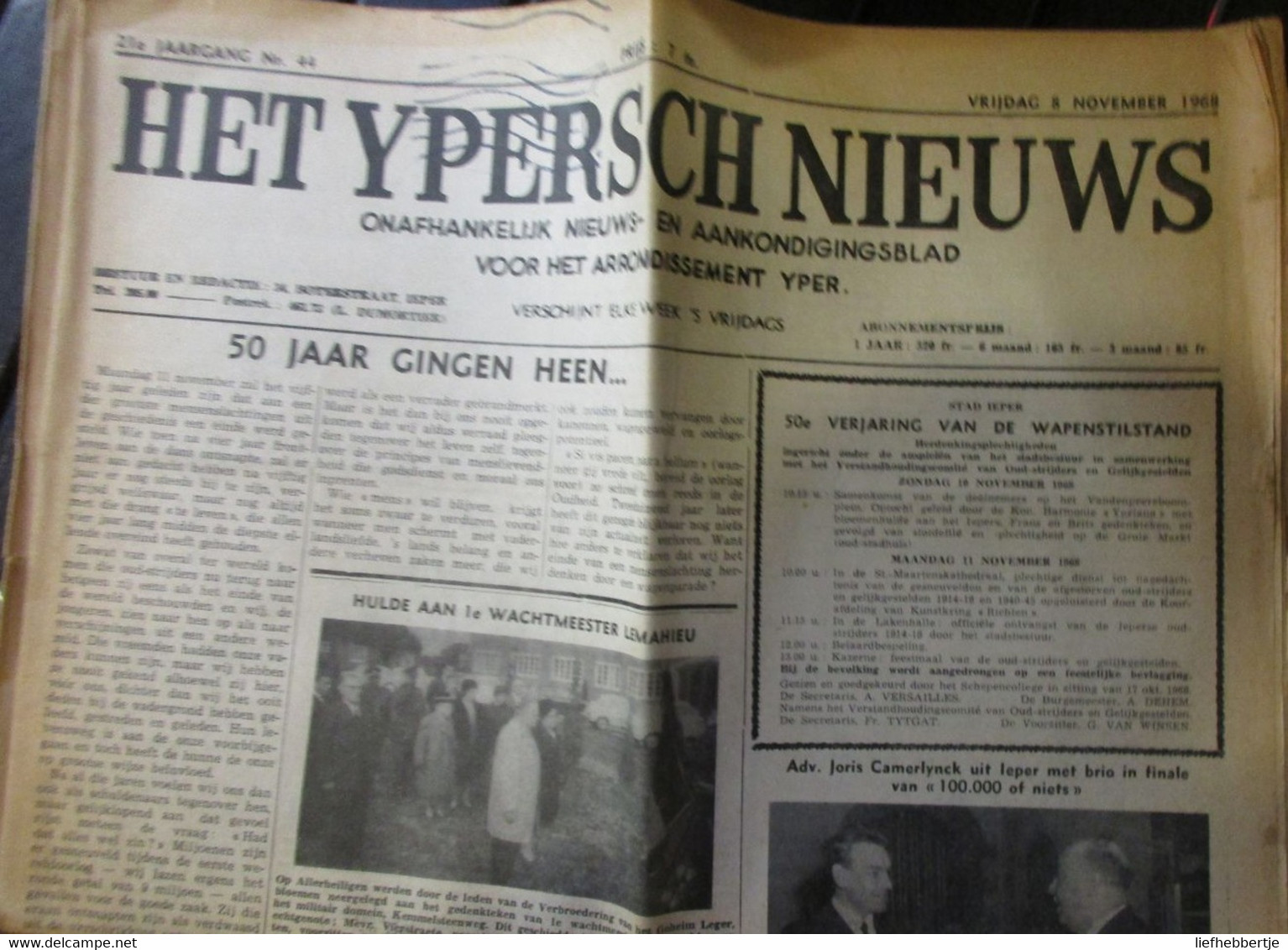 Het Ypersch Nieuws - 8 November 1968 - Herdenkingen WO 1 - Guerra 1914-18