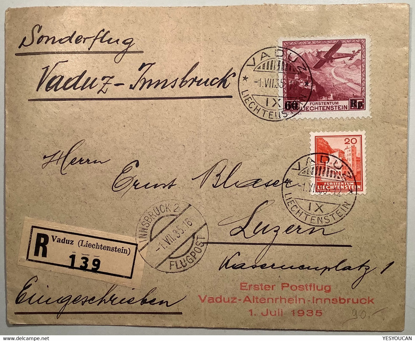 Liechtenstein 1935 SELTENER R-BRIEF ! “1. Postflug Vaduz-Altenrhein-Innsbruck” Erstflug (First Flight Österreich Schweiz - Brieven En Documenten