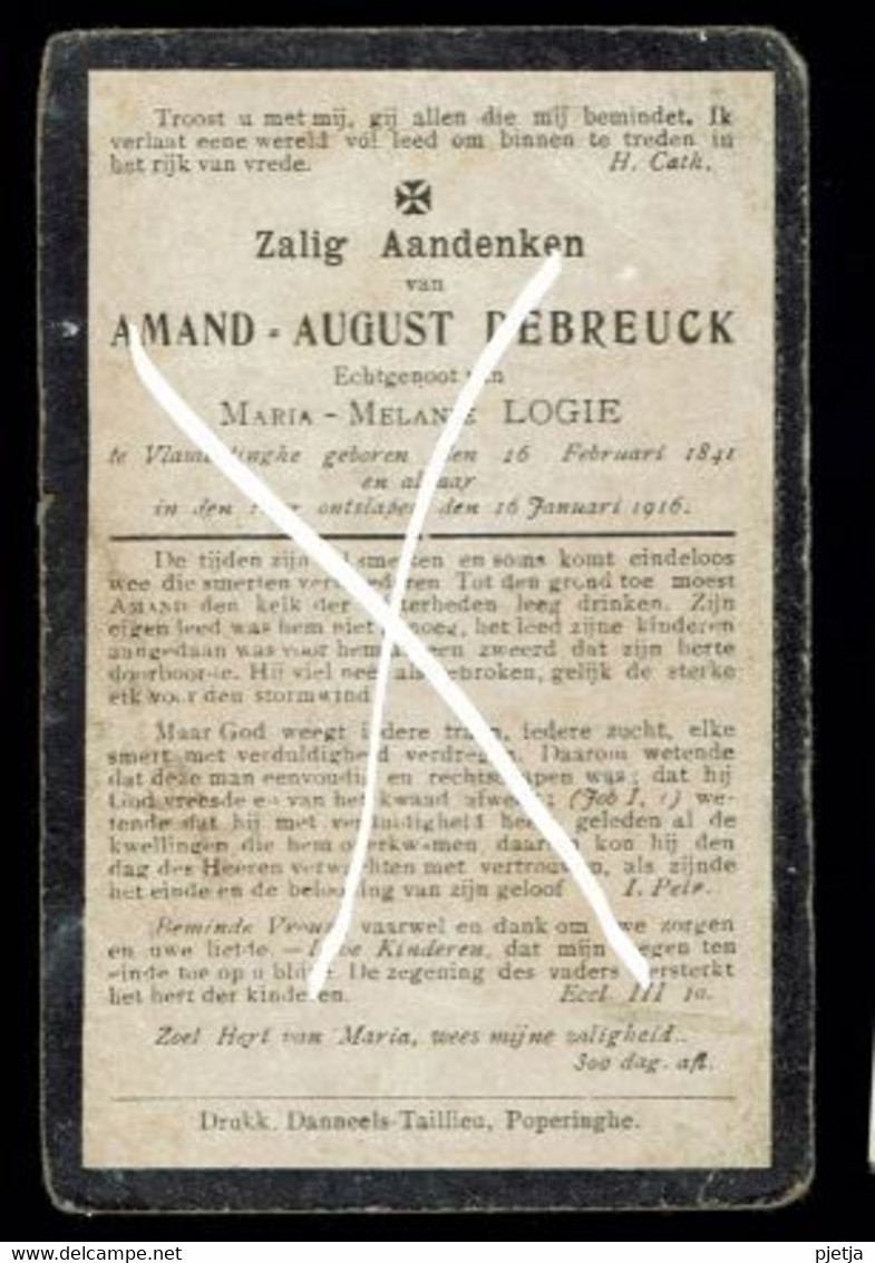 Gedachtenis Debreuck Amand August 1841 - 1916  Vlamertinge Echtg. Maria Melanie Logie - Devotion Images
