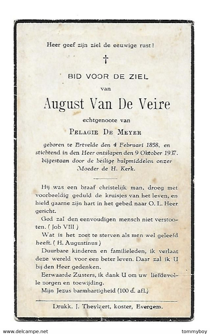 August Van De Veire, Ertvelde 1858 - Ertvelde 1937 - Avvisi Di Necrologio