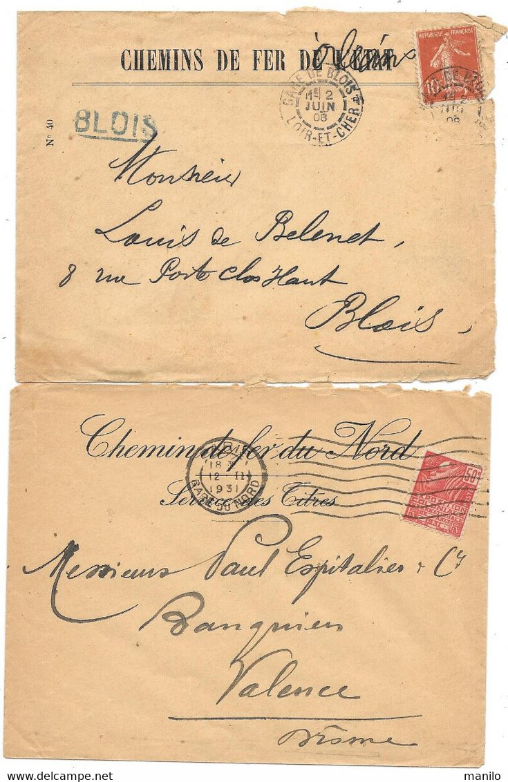 2 Enveloppes En-tête Publicité CHEMINS DE FER DU NORD Service TITRES 1931 Et DE L'ETAT Surchargé En D'ORLEANS 1908 BLOIS - Spoorweg