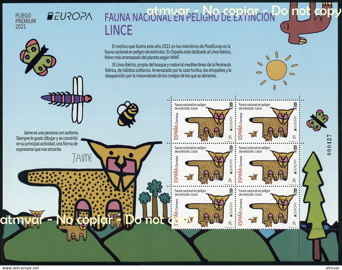 ESPAÑA SPAIN (2021) EUROPA - Lince Ibérico (Lynx Pardinus) Endangered Fauna En Peligro Sheet MNH - Autism - Blocs & Hojas