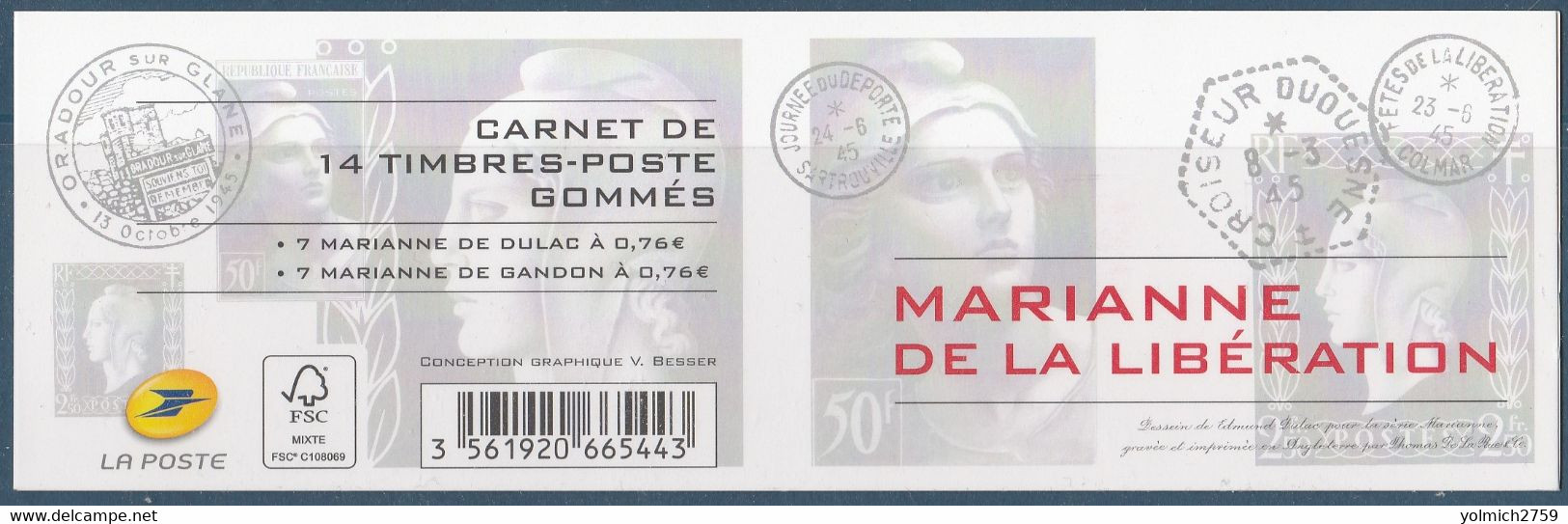 CARNET 1522 DULACx7 + GANDONx7 - MARIANNE LIBERATION - Conmemorativos