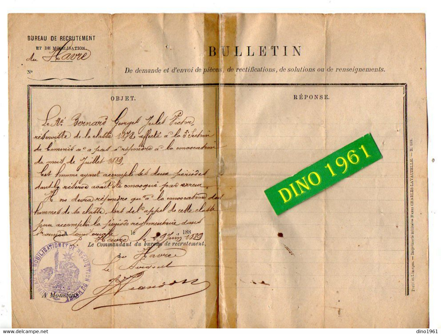 VP18.681 - CAEN X HAVRE 1879 - Livret Militaire - M. BERNARD Du 24è Rgt Territorial D'Infanterie VERSAILLES X ROUEN .... - Dokumente