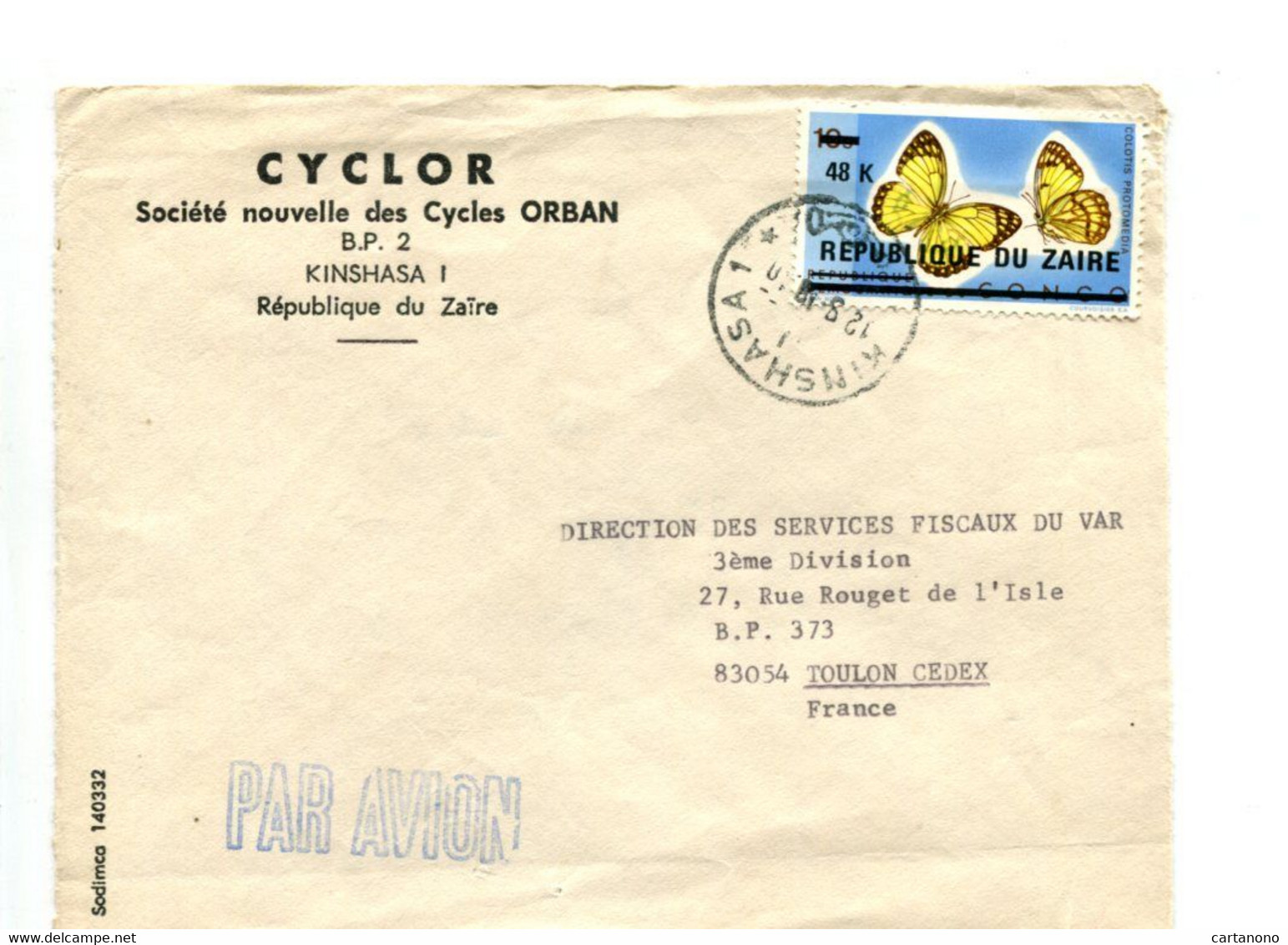 ZAIRE Kinshasa - Affr. 48k. Surch. Seul Sur Lettre à En Tête Cyclor Pour La France - Papillon Butterfly - Vélo - Andere & Zonder Classificatie