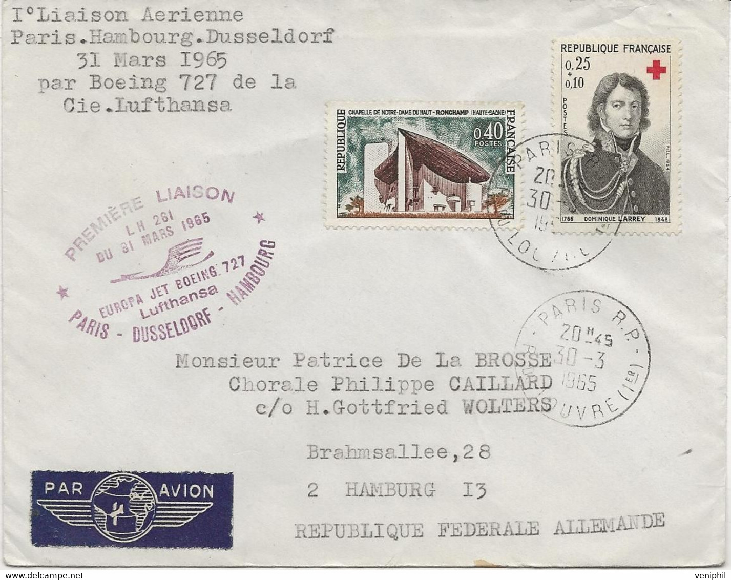 LETTRE PREMIER LIAISON PARIS-DUSSELDORF -HAMBOURG JET BOEING 727 -1965 - Eerste Vluchten