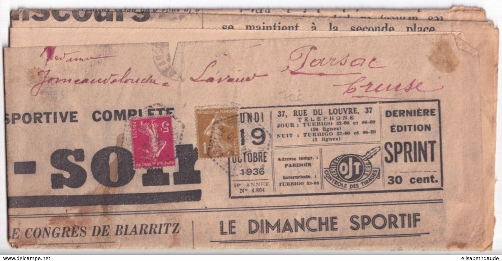 1936 - AFFR. SEMEUSE 6c /JOURNAL COMPLET "PARIS-SOIR" OBLIT. HEXAGONALE LA BRAVE DE PEILLE (ALPES MARIT)=> PARSAC CREUSE - 1906-38 Sower - Cameo