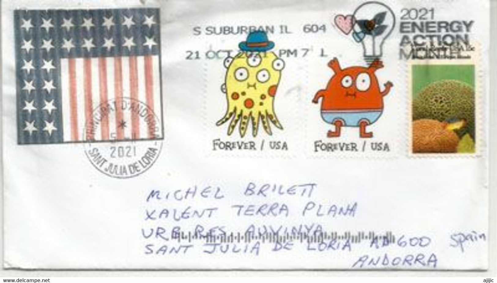 MESSAGES MONSTERS STAMPS / Forever Stamps 2021. Letter USA Sent To Andorra - Lettres & Documents