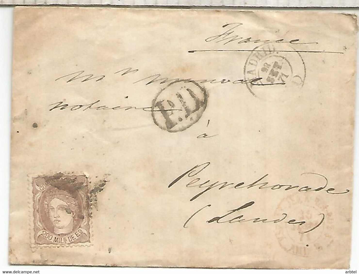 ENVUELTA 1871 MADRIDA PEYREHORADE CON TRANSITO POR BAYONNE - Storia Postale