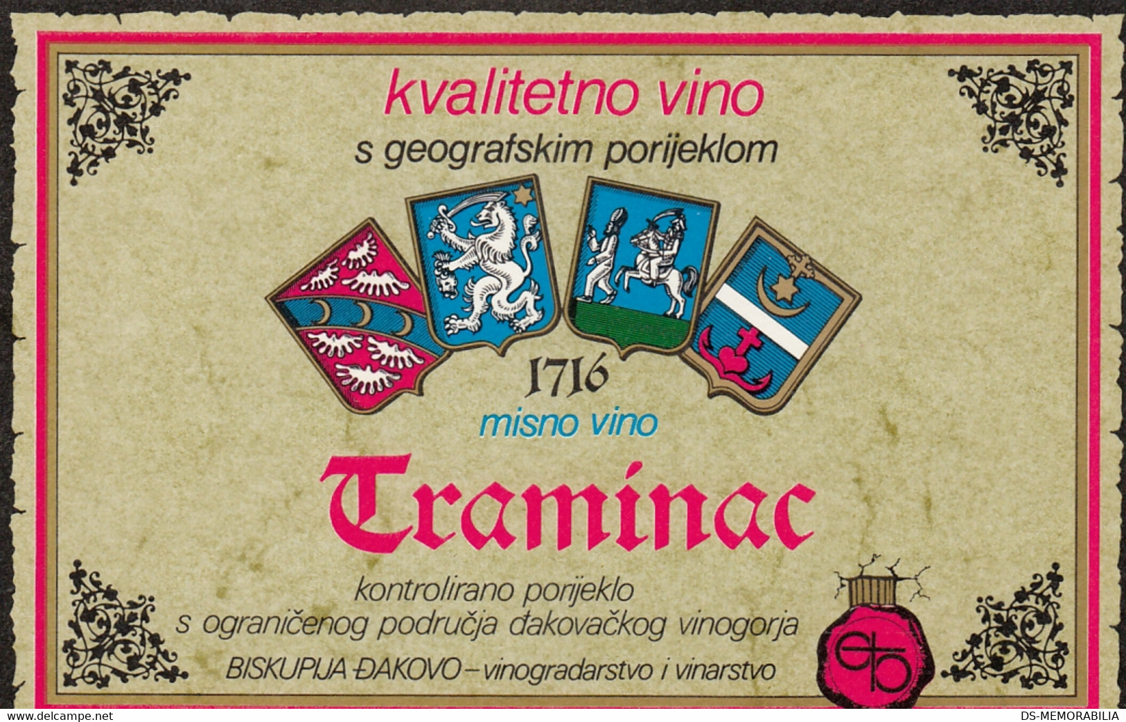 Old Wine Vino Etiquette Label Traminac Traminer Djakovo Croatia Wine Cellar - Gewurztraminer