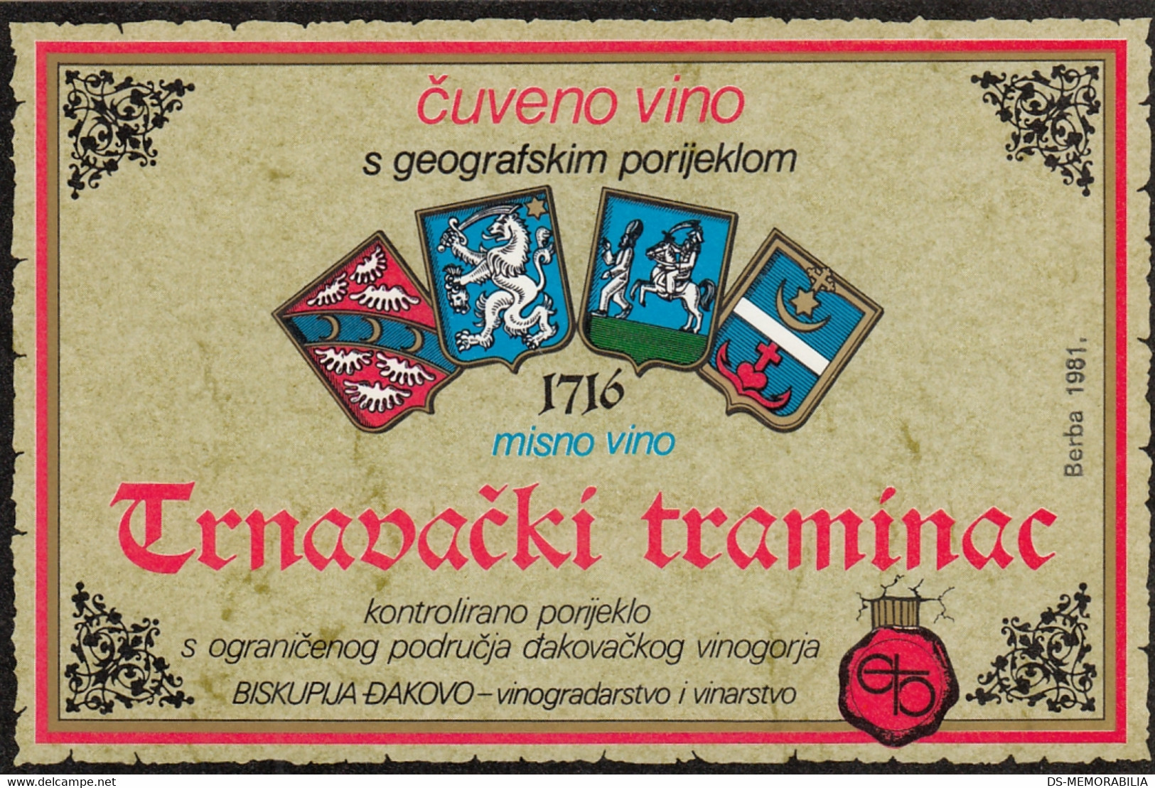 Old Wine Vino Etiquette Label Trnavacki Traminac Traminer Djakovo Croatia Wine Cellar - Gewurztraminer