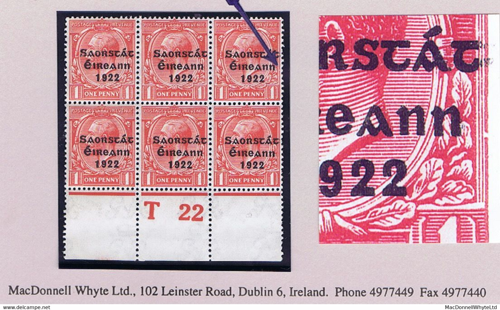 Ireland 1922-23 Thom Saorstat 3-line Overprint On 1d, Var 'Frame Broken' Row 19/12 In A Control T22 Perf Block Of 6 Mint - Neufs