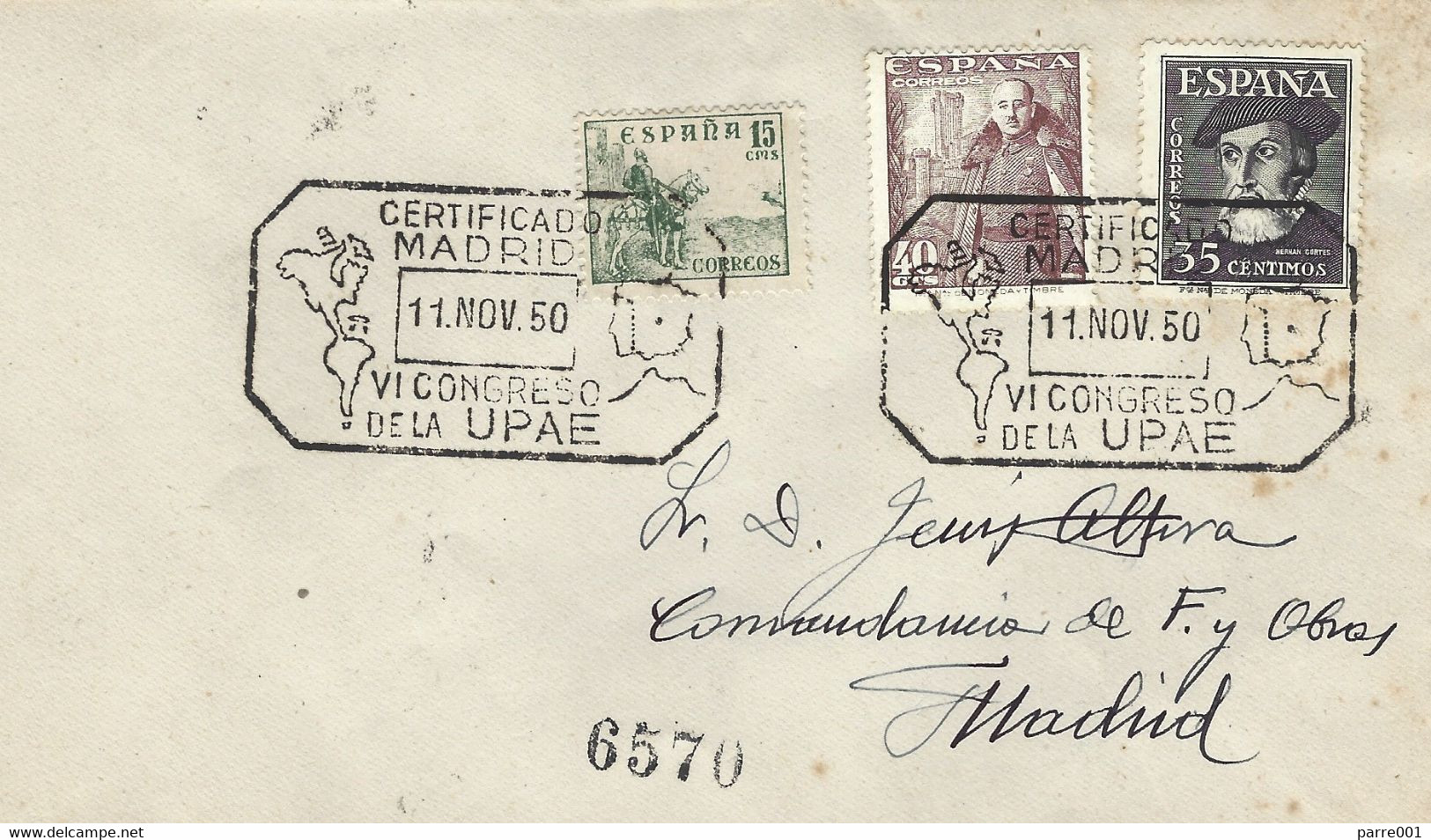 Spain Espana 1950 Madrid VI Congreso Of UPAE Map Cartography Special Registered Postmark Franco Herman Cortes Cover - Geography