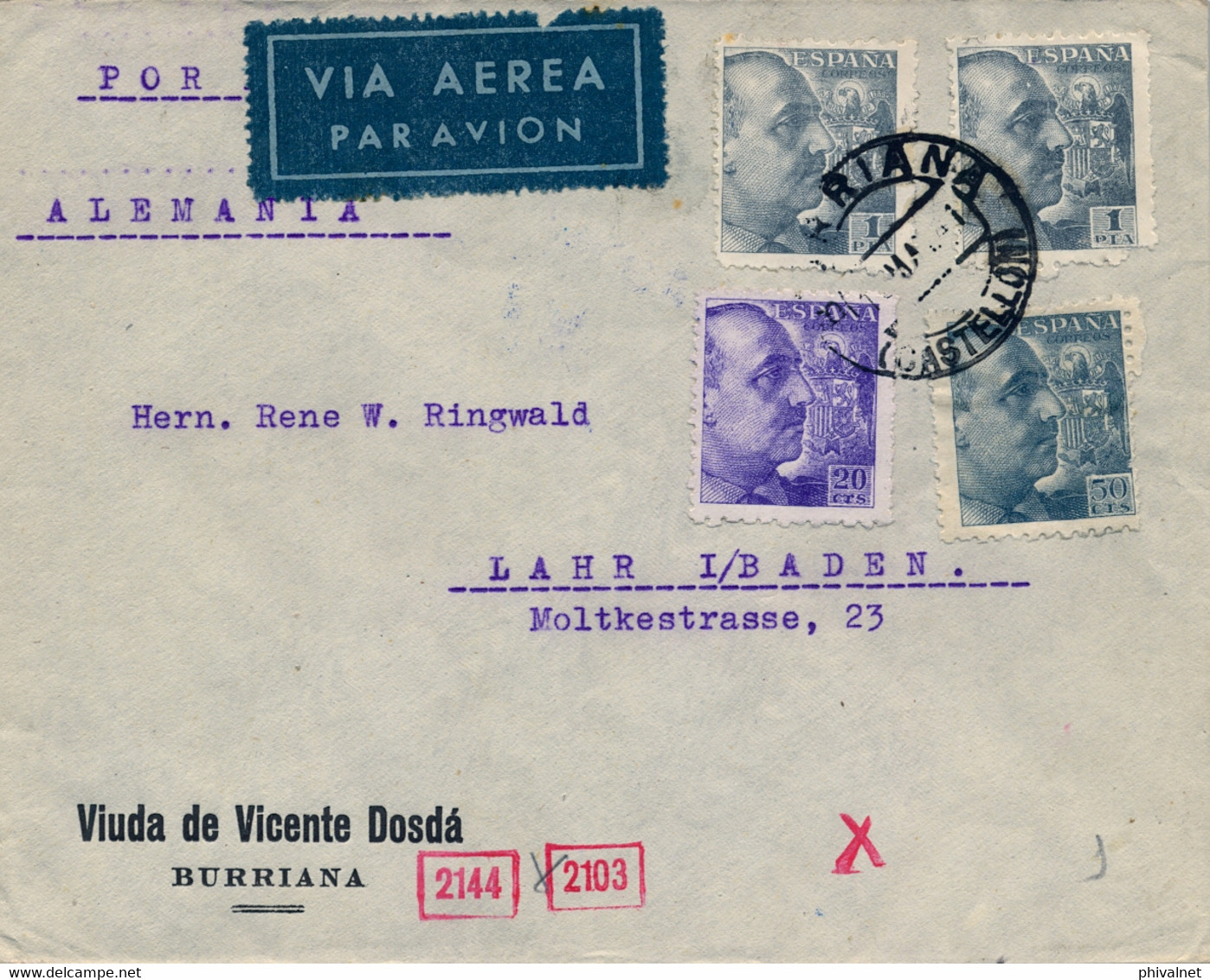 1951 CASTELLÓN , SOBRE CIRCULADO POR CORREO AÉREO A BADEN , DOBLE CENSURA - Lettres & Documents