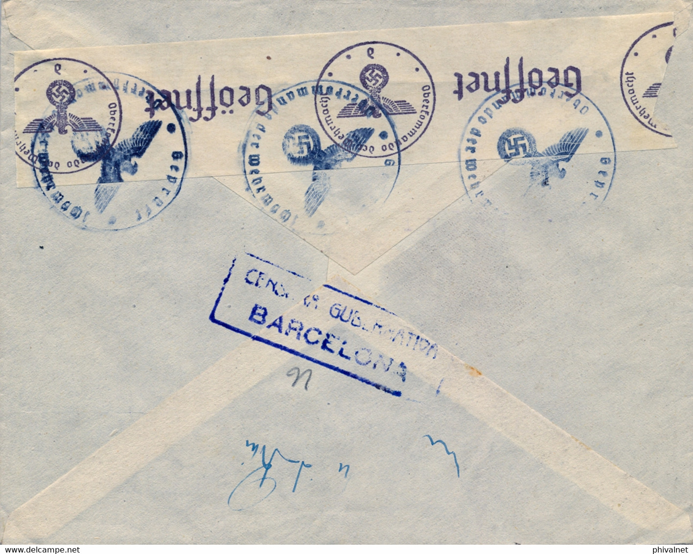 1951 CASTELLÓN , SOBRE CIRCULADO POR CORREO AÉREO A BADEN , DOBLE CENSURA - Briefe U. Dokumente