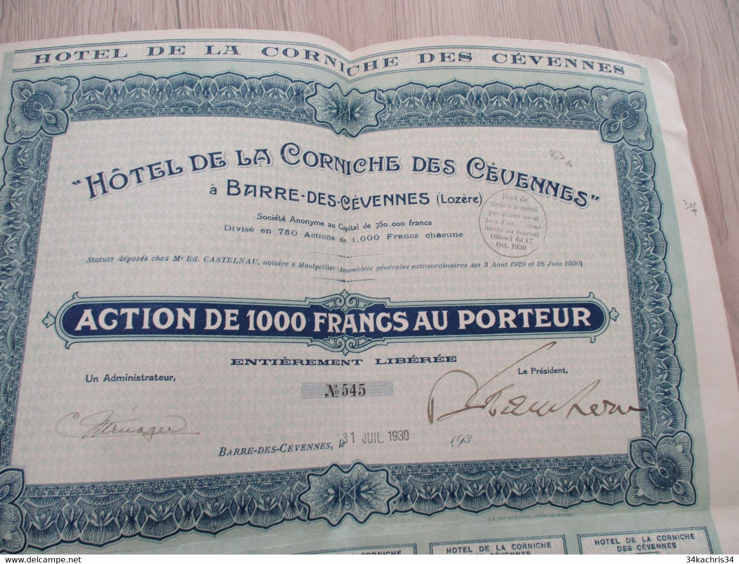 Action 1 000 Francs Hôtel De La Corniche Des Cévennes Barre Les Cévennes Lozère - Turismo