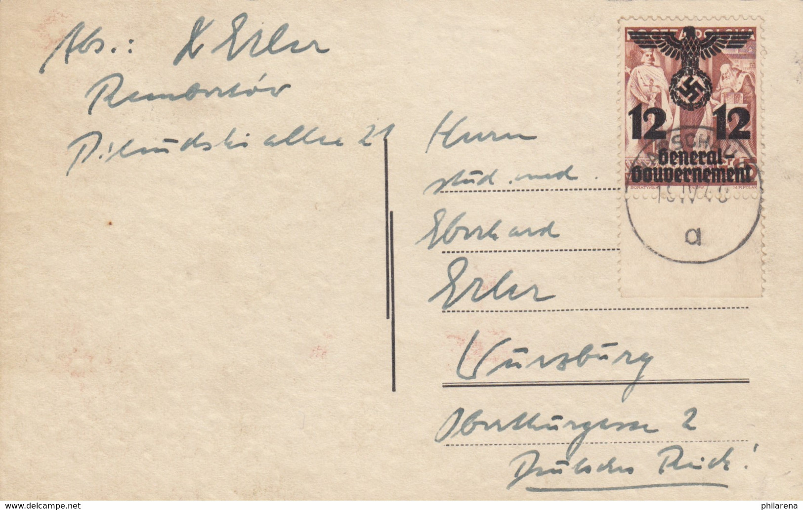 Generalgouvernement GG, Postkarte Warschau 1940 - Ocupación 1938 – 45