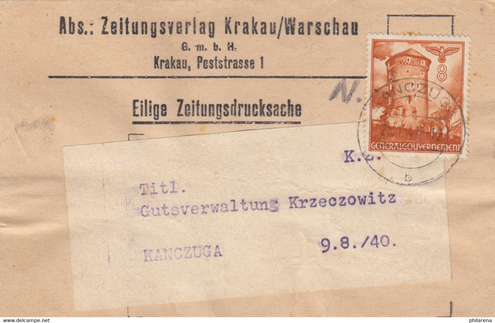 GG Zeitungsstreifband Verlag Krakau An Gutsverwaltung Krzeczowitz, Kanczuca - Besetzungen 1938-45