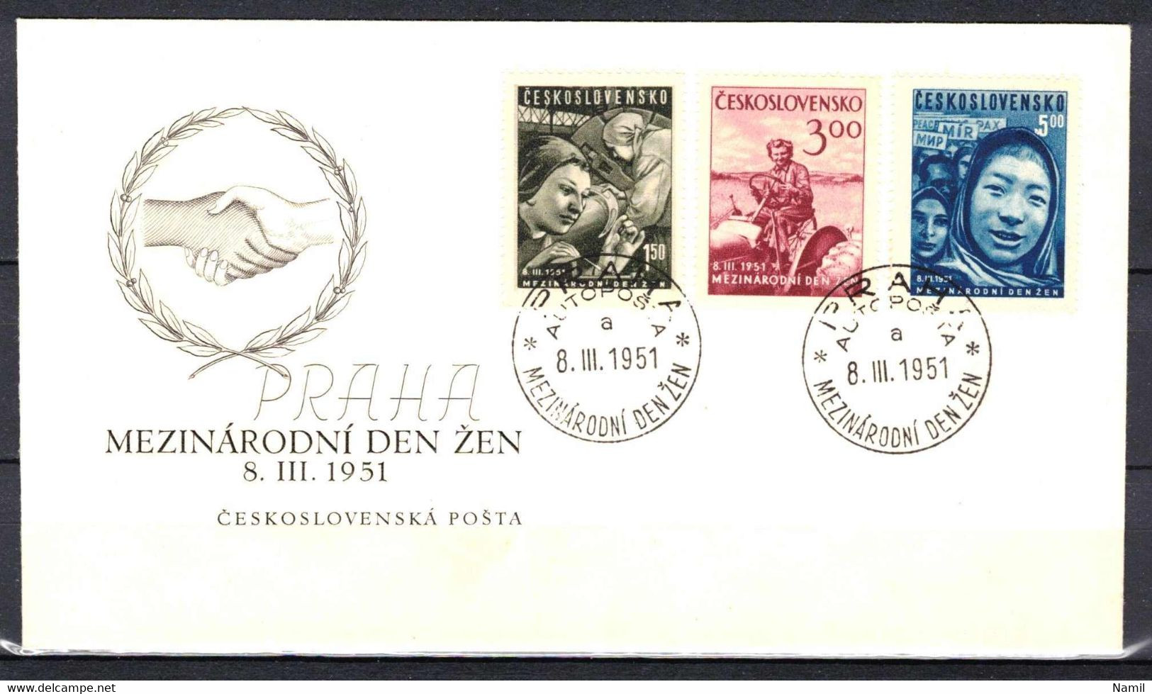 Tchécoslovaquie 1951 Mi 650-2 (Yv 563-5), Mi 652 (Yv 565) Varieté-position 1/1 Sur Envelope Premier Jour, FDC - Abarten Und Kuriositäten