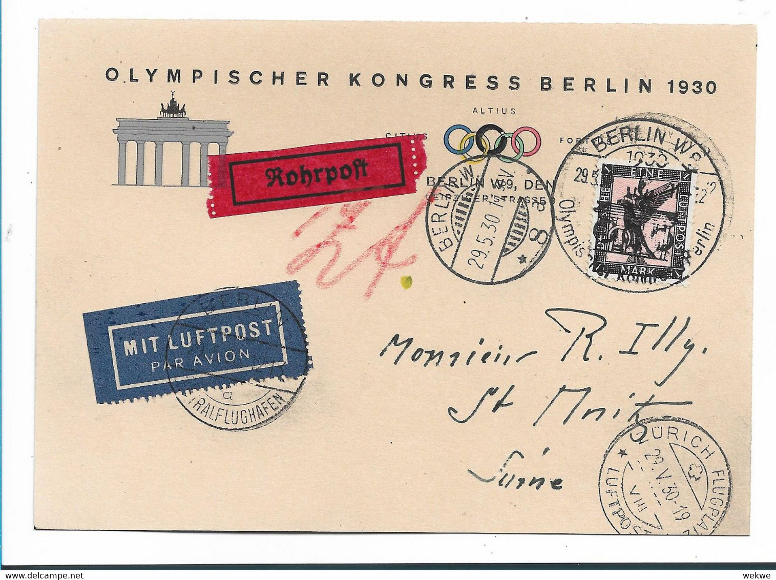 OY200 / OLYPIADE - Olympischer Kongress Berlin 1930. Rohrpost - Luftpost  In Die Schweiz. Absolute Rarität - Sommer 1936: Berlin