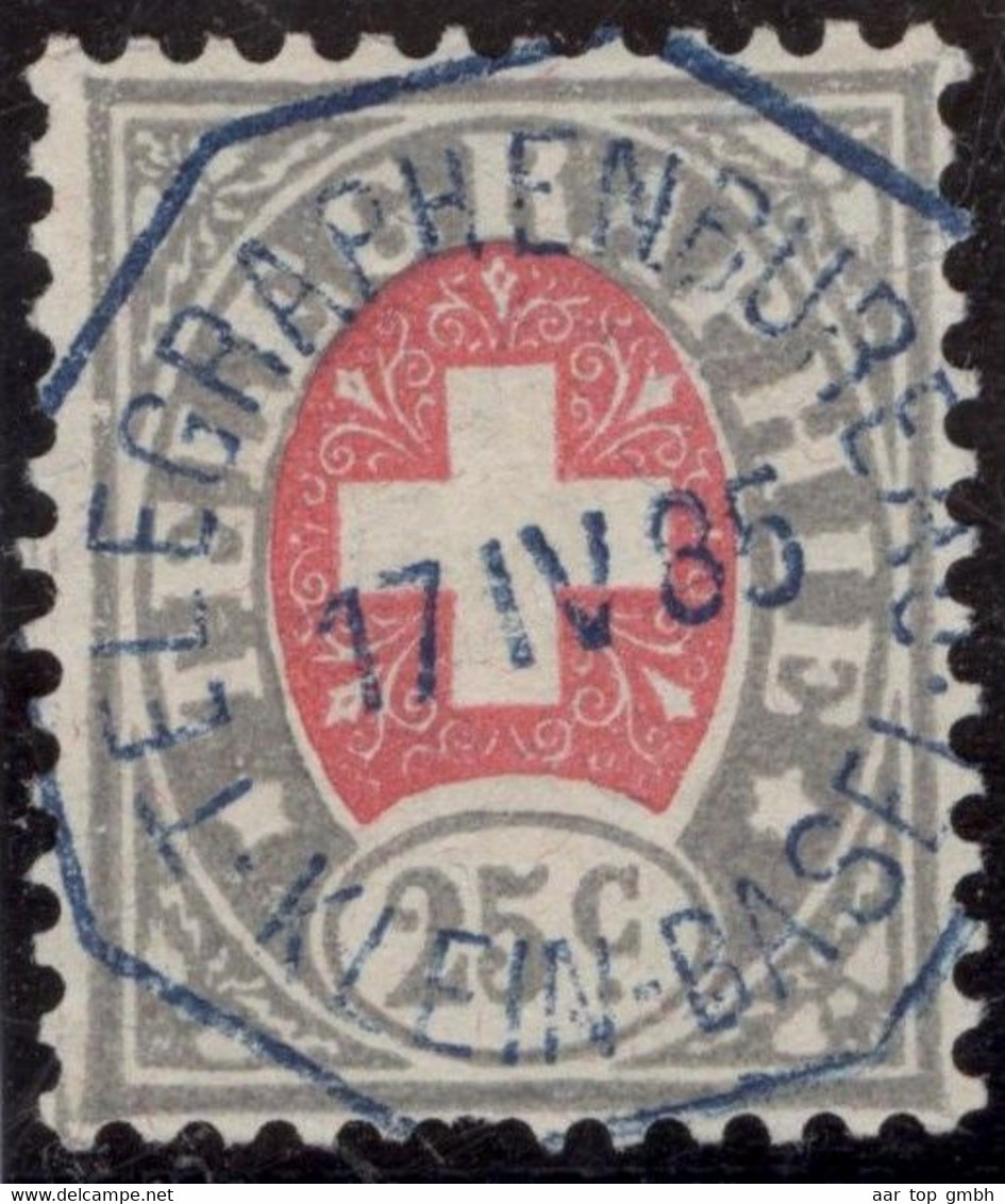 Heimat BS KLEIN-BASEL 1885-04-17 Blauviolett Telegraphen-Stempel Auf Zu#15 Telegrapfen-Marke 25Rp. - Télégraphe
