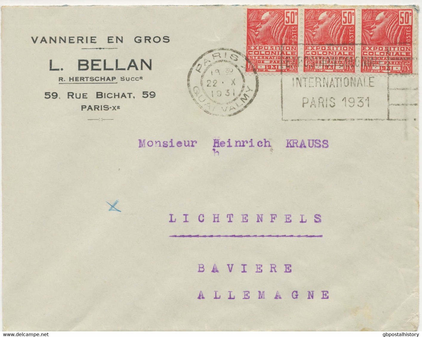 FRANKREICH 1931 Internationale Kolonialausstellung Paris 50 C (3x) MeF Kab.-Brief Mit Werbestempel „PARIS / QUAI VALMY - Briefe U. Dokumente