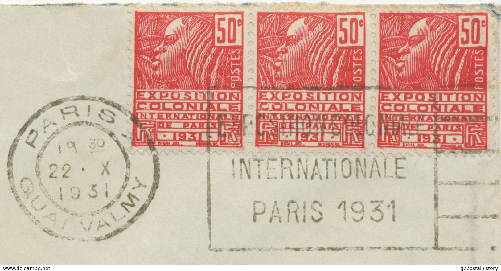 FRANKREICH 1931 Internationale Kolonialausstellung Paris 50 C (3x) MeF Kab.-Brief Mit Werbestempel „PARIS / QUAI VALMY - Storia Postale