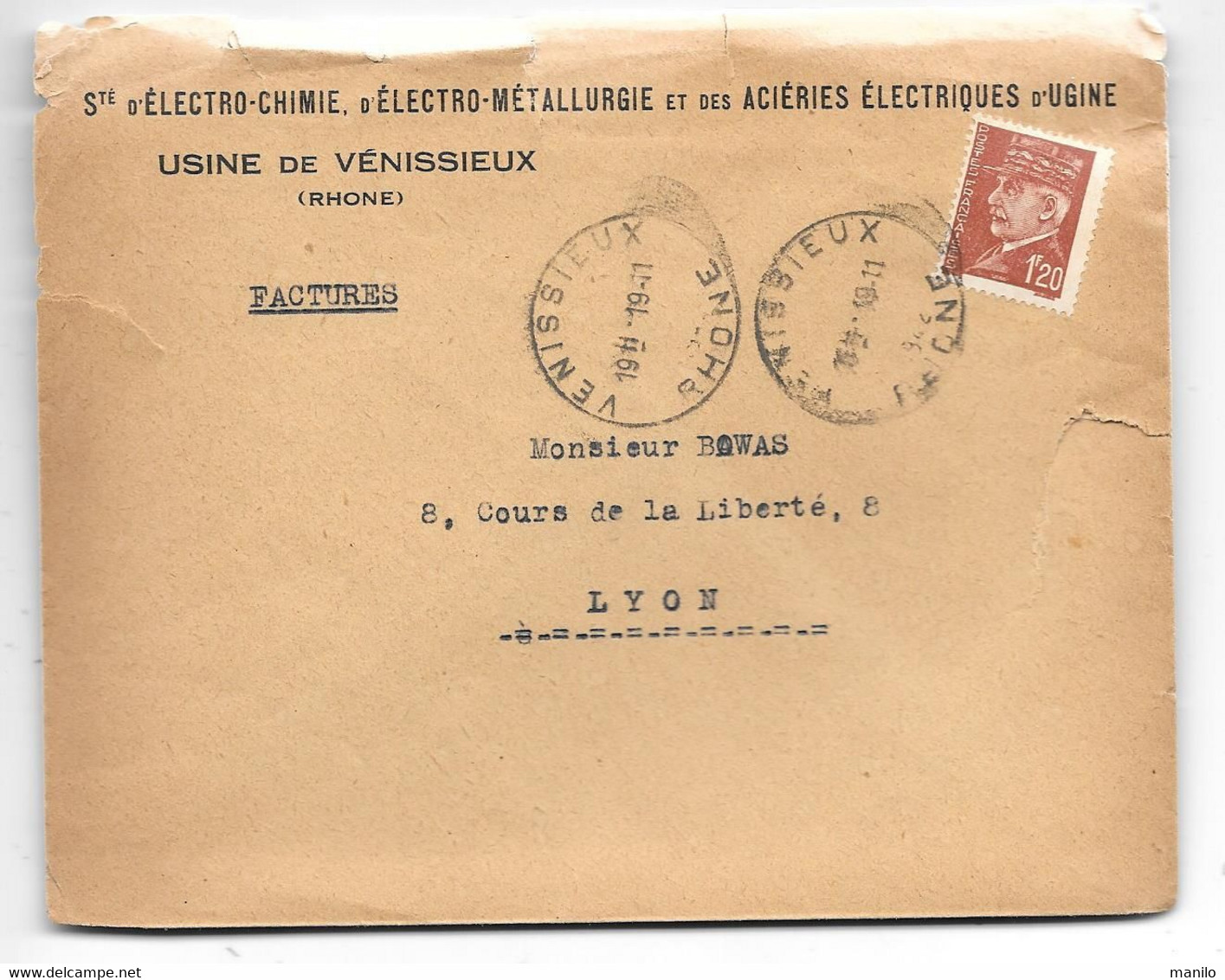 Enveloppe En-tête Publicité ELECTRO-CHIMIE, METALLURGIE Et ACIERIES ELECTRIQUE D'UGINE -VENISSIEUX Timbre Petain - Elektrizität & Gas