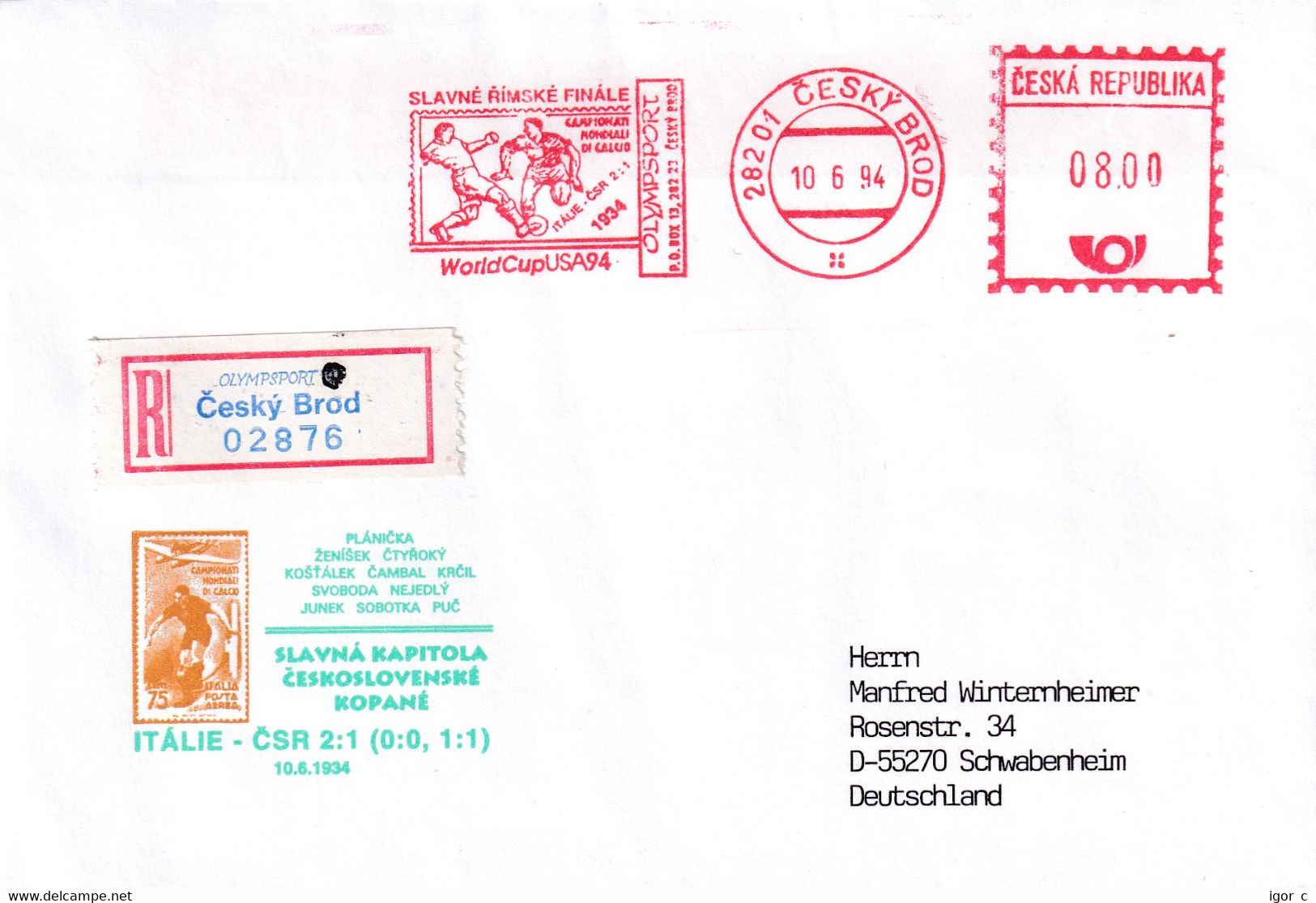 Czech 1994 Registered Cover Football Soccer Fussball Calcio Fifa World Cup 1934 Final; Italy - Czechoslovakia Meter EMA - 1934 – Italië