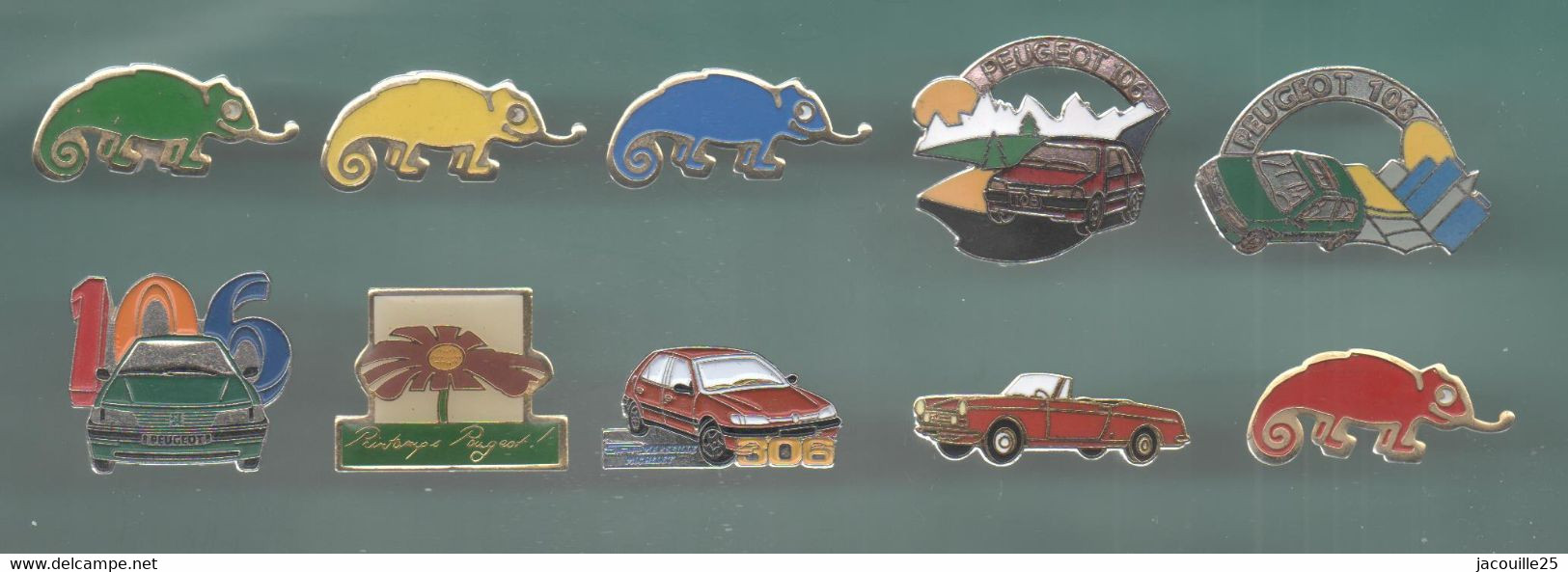 PINS PIN'S AUTO PEUGEOT 721 AUTOMOBILE 106 306 504 CAMELEON  LOT 10 PINS DONT 2 AB ARTHUS - Peugeot