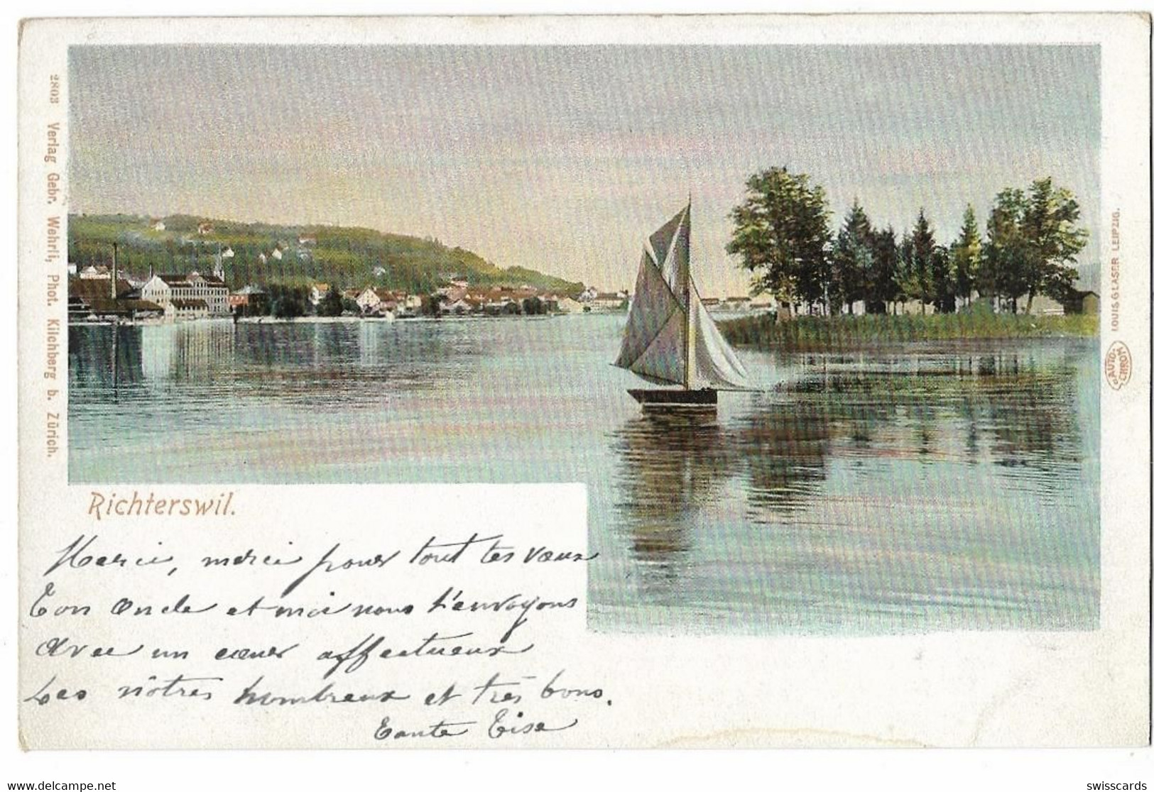 RICHTERSWIL: Glaserlitho Segelschiff Mit Insel ~1900 - Richterswil