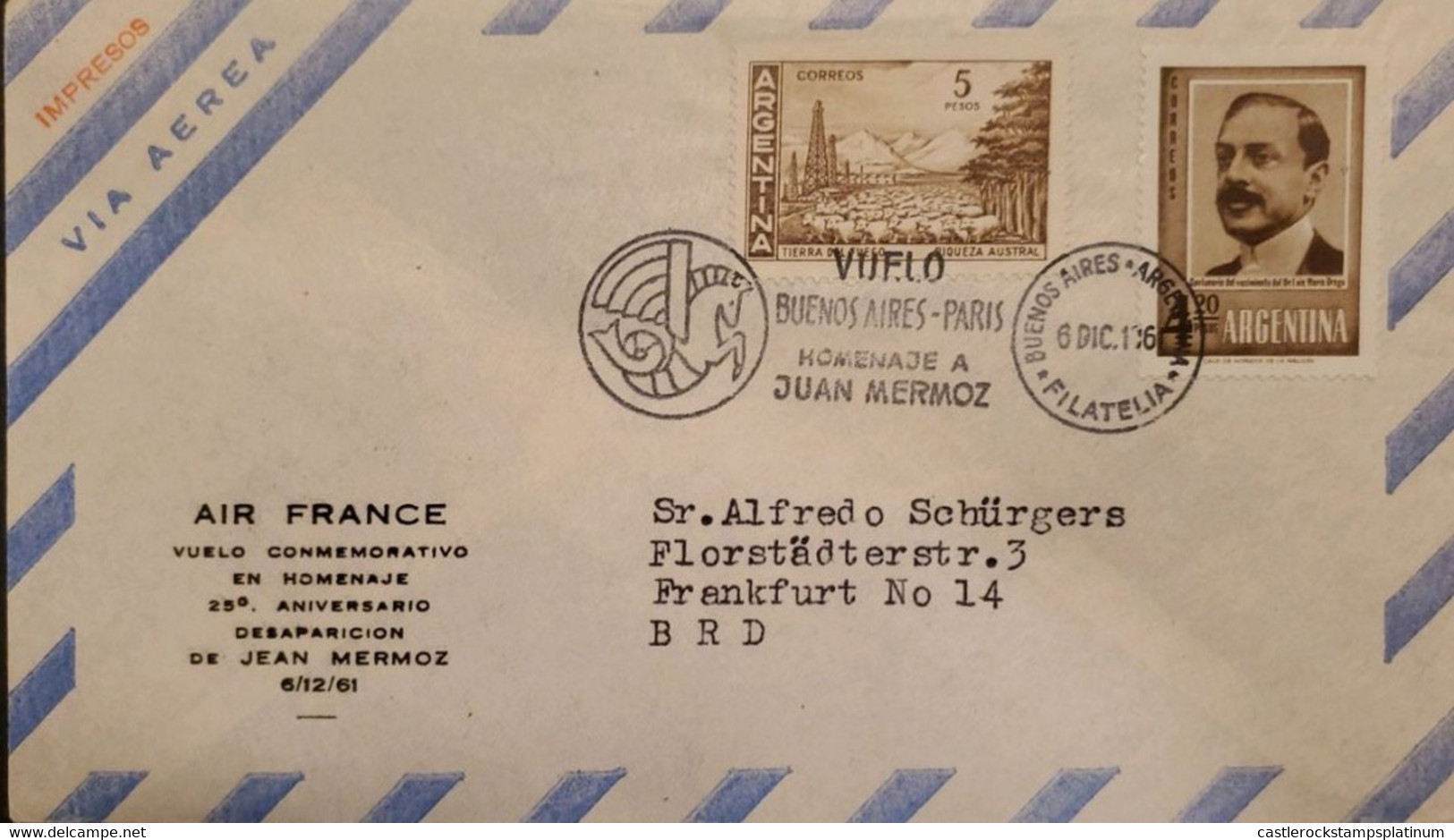 P) 1961 ARGENTINA, TRIBUTE MERMOZ, FLIGHT FROM BUENOS AIRES TO PARIS, LAND FIRE-DRAGO STAMPS, XF - Autres & Non Classés