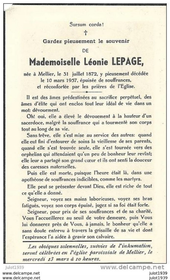 MELLIER , 1872 , 1957 ..-- Melle Léonie LEPAGE , épuisée De Souffrances . - Leglise