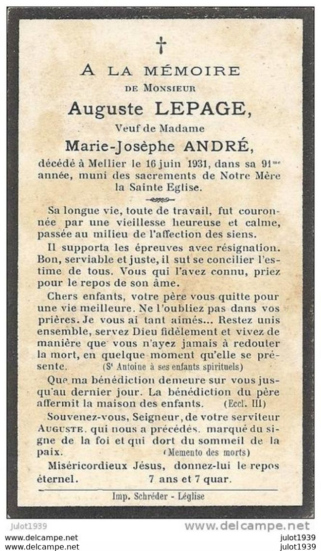 MELLIER ..-- LEGLISE ..-- 1840 - 1931 ..-- Mr Auguste LEPAGE , Veuf De Mme Marie - Josèphe ANDRE . - Léglise