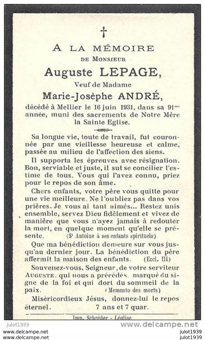 MELLIER ..-- LEGLISE ..-- 1840 - 1931 ..-- Mr  Auguste LEPAGE , Veuf De Mme Marie - Josèphe ANDRE . - Léglise