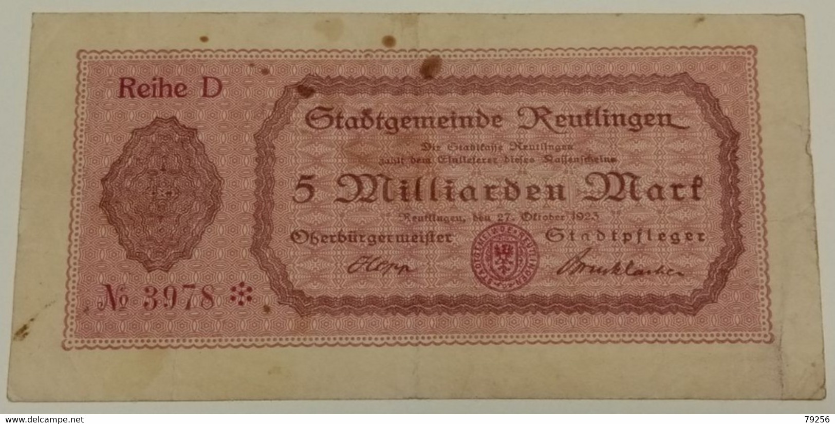 Reutlingen 5 Fünf Milliarden Mark Notgeld Note Banknote Gutschein Lot Konvolut - Lokale Ausgaben