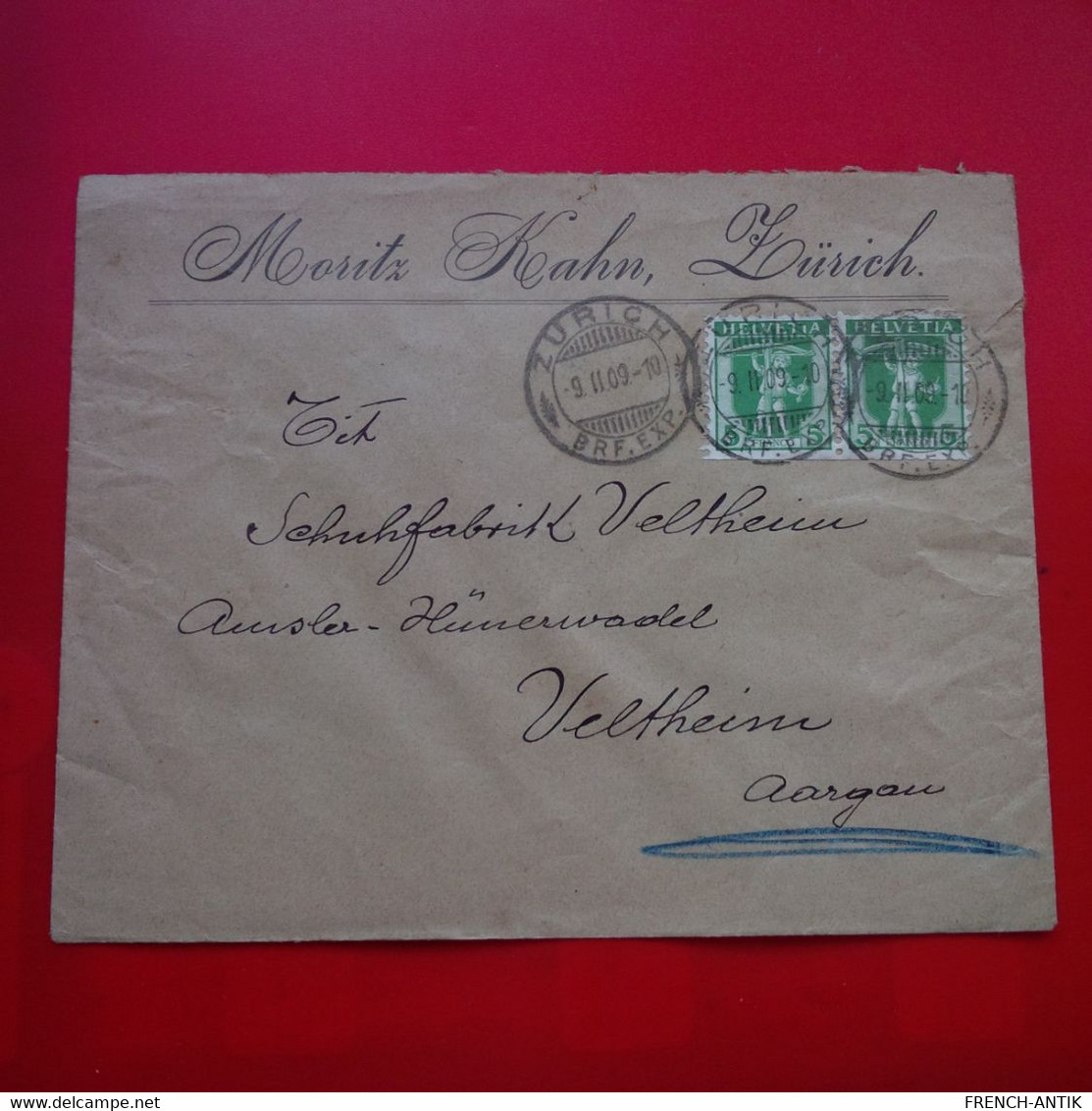 LETTRE SUISSE ZURICH MORITS KAHN POUR VELTHEIM 1909 - Brieven En Documenten