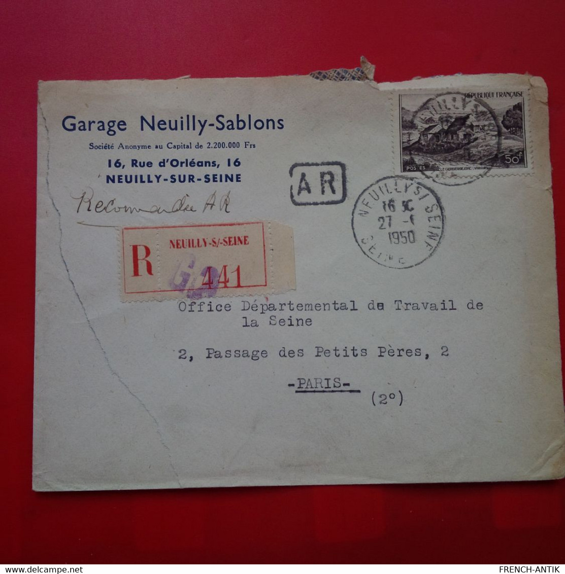 LETTRE RECOMMANDE NEUILLY SUR SEINE GARAGE NEUILLY SABLONS - Covers & Documents