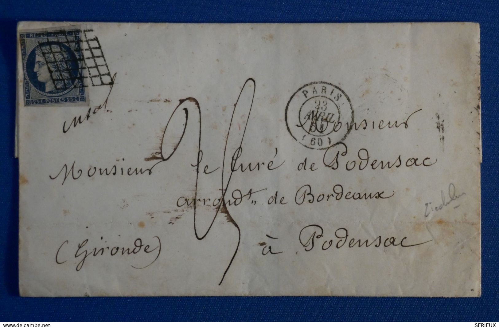 R21 FRANCE BELLE LETTRE 1851 PARIS POUR PODENSAC TAXE ET CACHET CIRE ROUGE+ N 4+ AFFRANCHISSEMENT  GRILLE PLAISANT - 1849-1850 Cérès