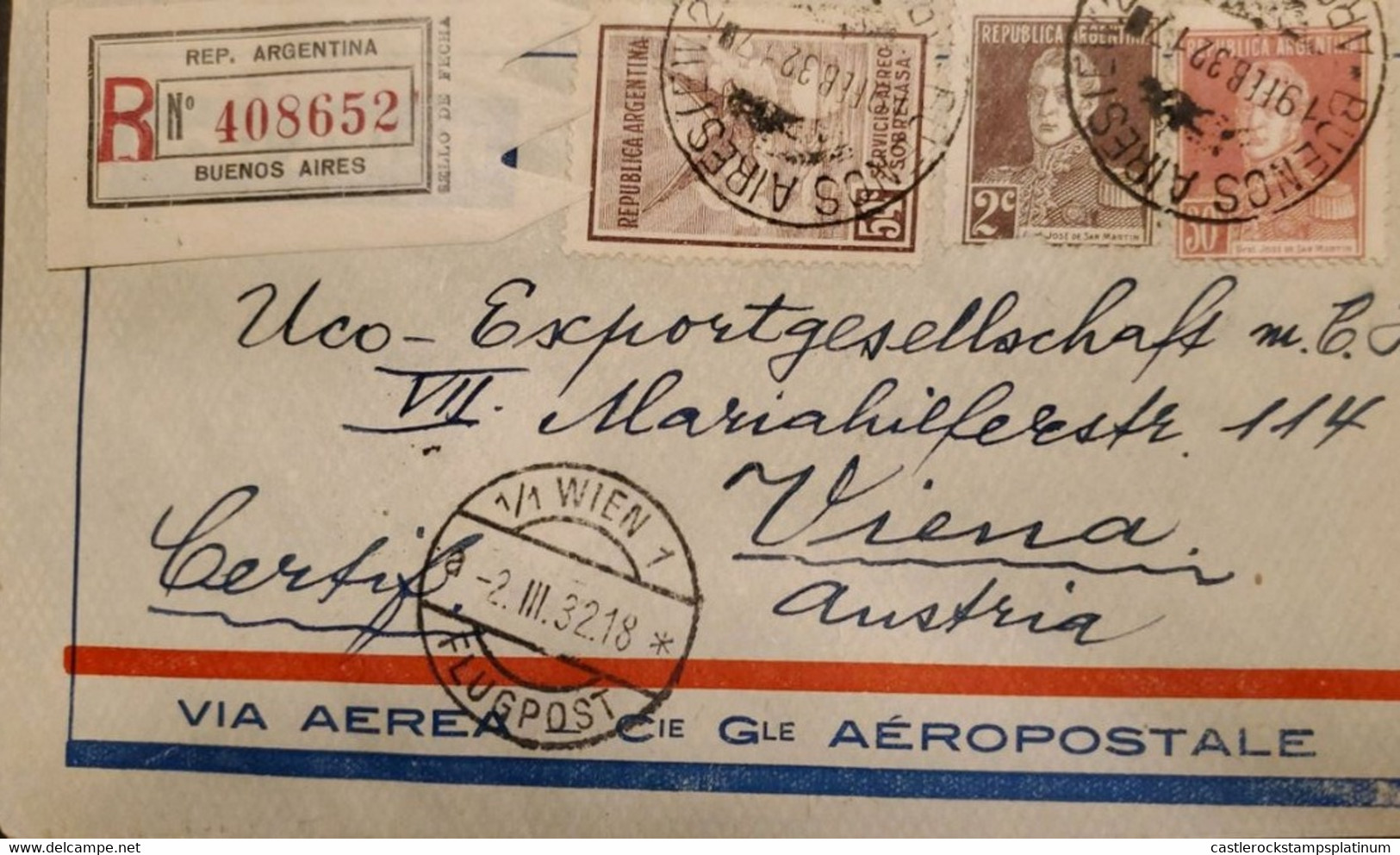 P) 1932 ARGENTINA, SHIPPER FROM BUENOS AIRES TO VIENNA, AIRMAIL SURCHARGE- GRAL MARTÍN STAMPS, XF - Otros & Sin Clasificación