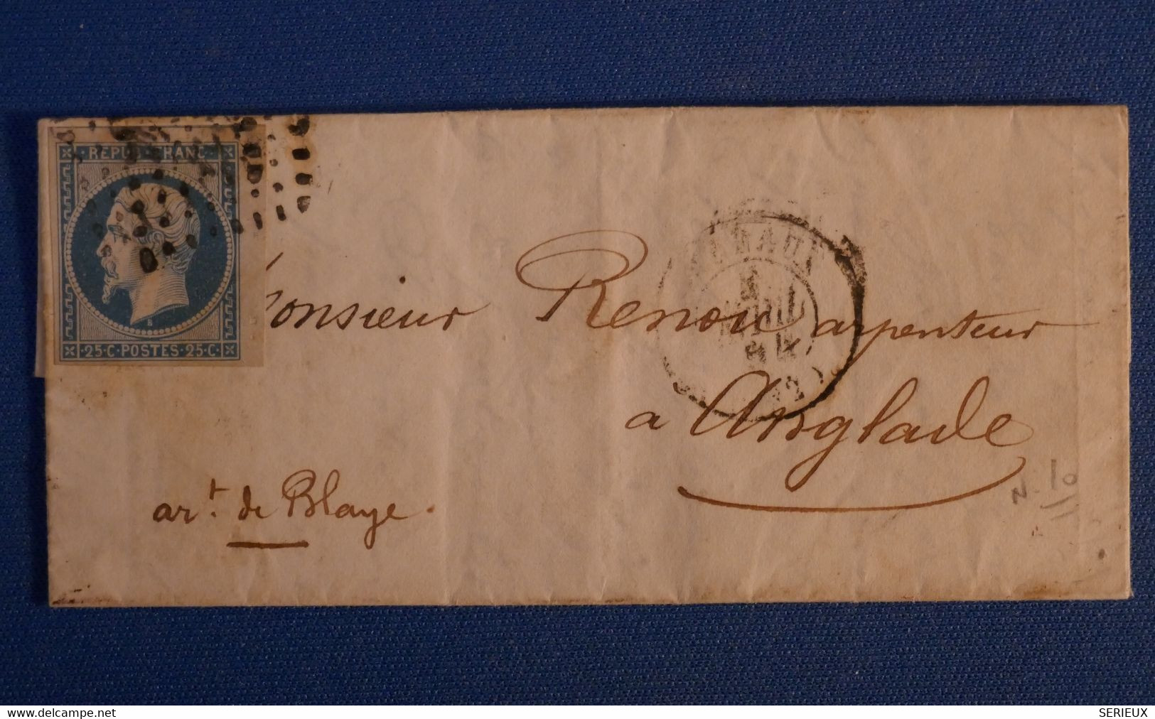 R21 FRANCE BELLE LETTRE 1854 BORDEAUX POUR ANGLADE + BORD DE FEUILLE DU N 10 + AFFRANCHISSEMENT INTERESSANT - 1852 Louis-Napoleon