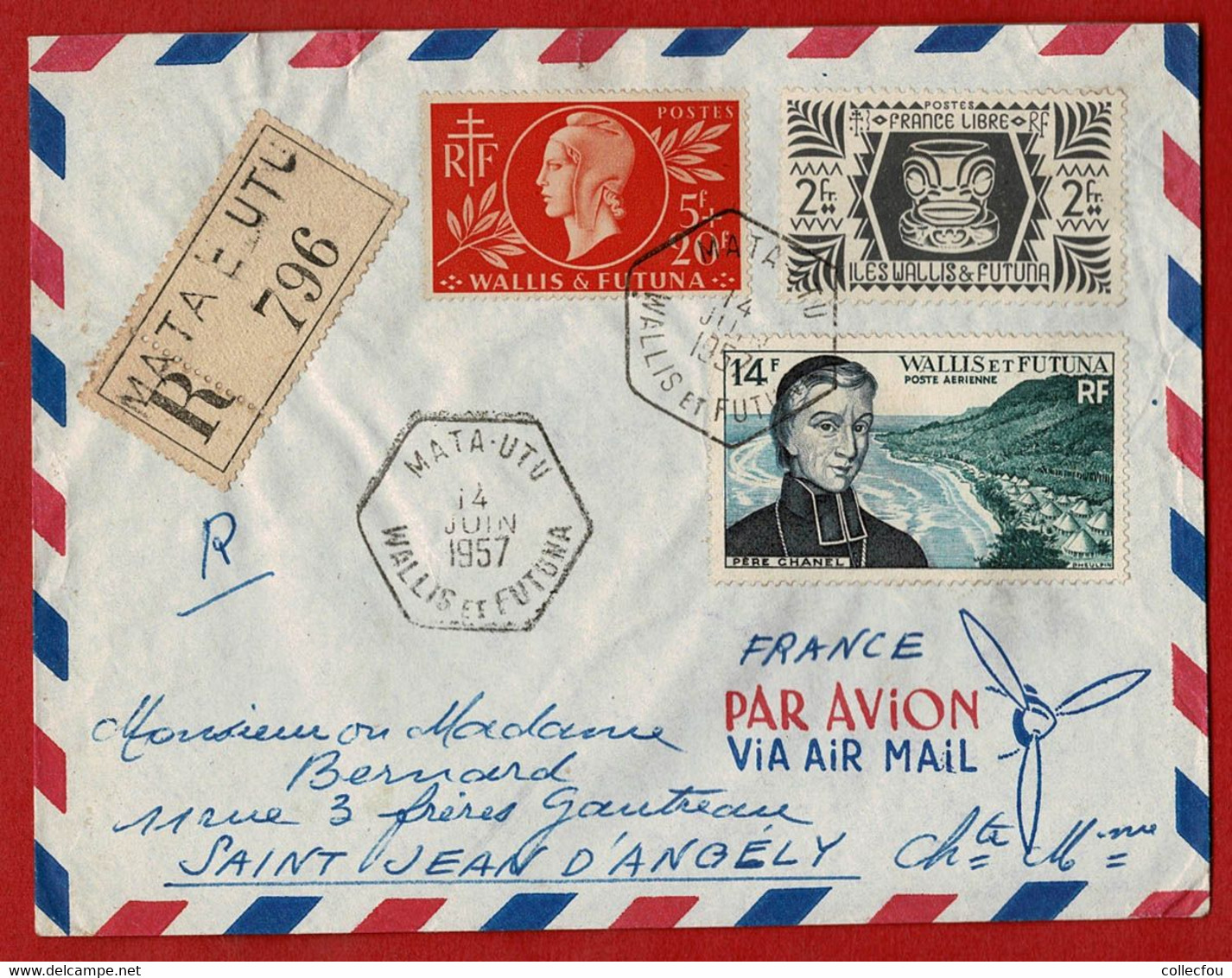 1957. Enveloppe Affranchie Lettre RECOMMANDÉE Par AVION De MATA-UTU En WALLIS ET FUTUNA à 17 St JEAN D'ANGÉLY - Lettres & Documents