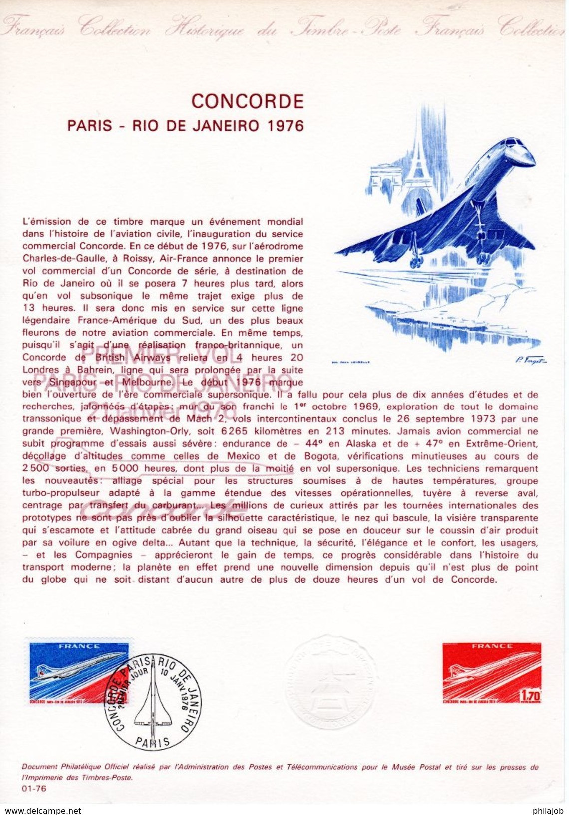 " CONCORDE 1ER VOL PARIS / RIO DE JANEIRO  " Sur Document Philatélique Officiel De 1976 N°YT PA 49. Parf état - Concorde